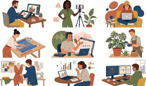 Creative professions and hobbies vector illustration set featuring digital artist, video blogger, architect blueprint, podcast streaming audio host