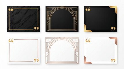 Obraz premium Luxurious quote box vector frame layout template collection with quotation marks for text citation. Art Deco, marble, black, gold and rose gold empty frames for social media post or card design.
