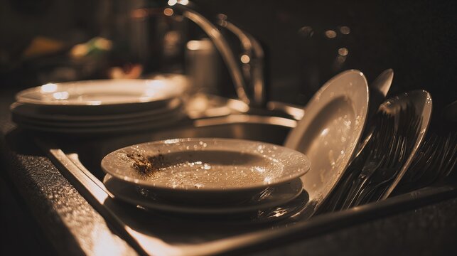 residue. A kitchen sink filled with unwashed dishes and food scraps under dim light. menu design, packaging mockups, designed for culinary blogs and recipe cards for restaurants.