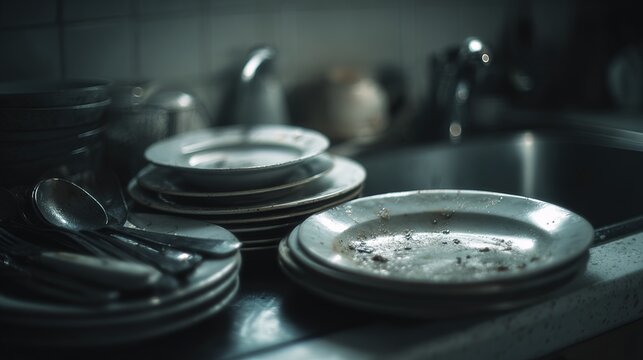 residue. A kitchen sink filled with unwashed dishes and food scraps under dim light. menu design, packaging mockups, designed for culinary blogs and recipe cards for restaurants.