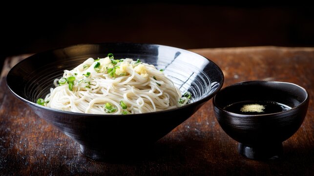 somen. A minimalist lacquerware bowl with cold somen noodles and garnishes on dark wood. menu design, packaging mockups, designed for food delivery and cloud-kitchen brand materials.