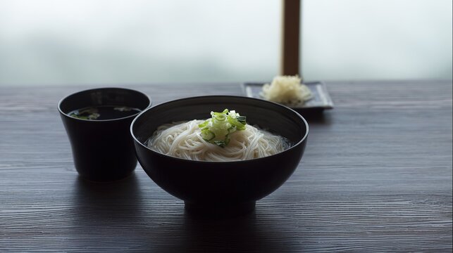 somen. A minimalist lacquerware bowl with cold somen noodles and garnishes on dark wood. menu design, packaging mockups, designed for food delivery and cloud-kitchen brand materials.