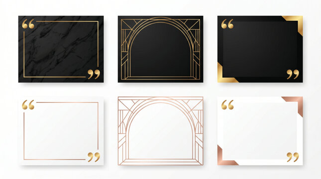 Luxurious quote box vector frame layout template collection with quotation marks for text citation. Art Deco, marble, black, gold and rose gold empty frames for social media post or card design.