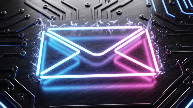 Neon triangle lights on electronic circuit board surface.