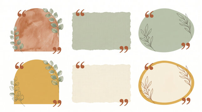 Quote box vector frame layout template collection with quotation marks for text citation design. Aesthetic watercolor shapes with botanical eucalyptus leaves. Earthy organic testimonial frames.