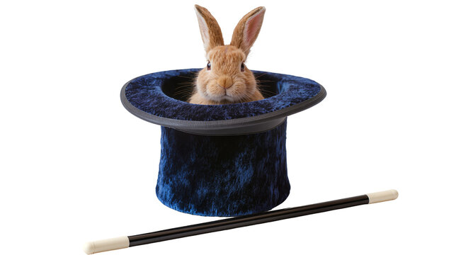 Fluffy brown rabbit emerging from a velvet top hat magic wand nearby, isolated on transparent background