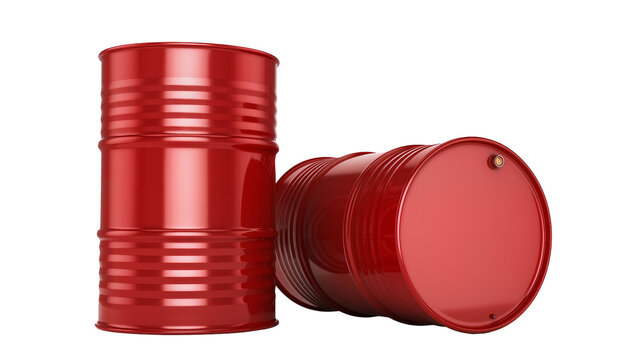 Shiny red metal barrels with ribbed texture, isolated on transparent background