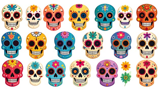 Colorful Decorative Sugar Skulls Arranged in Rows on Light Background