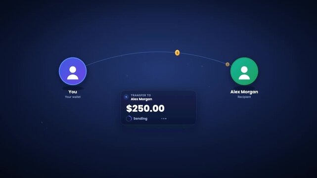 Money sent instantly between digital wallets with transfer complete confirmation animation
