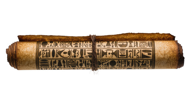 Ancient Egyptian papyrus scroll with hieroglyphs tied with rough twine, isolated on transparent background