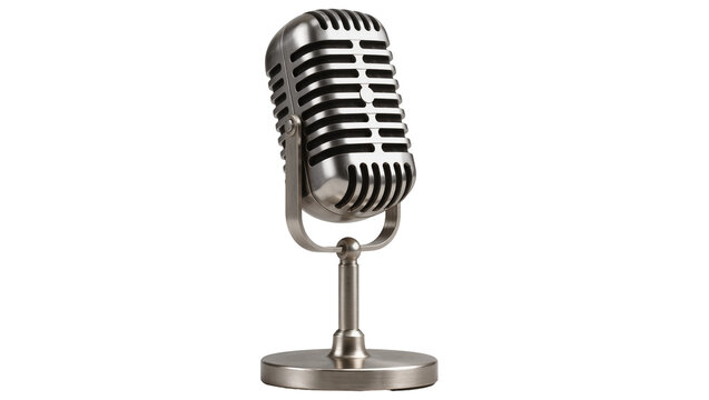 Retro silver microphone on stand, isolated on transparent background
