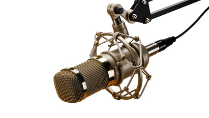 Golden condenser microphone with shock mount and boom arm, isolated on transparent background © Aliona