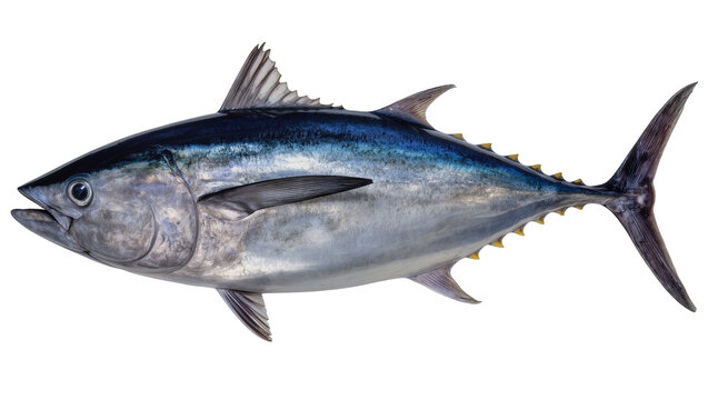 Large bluefin tuna fish with metallic scales, isolated on transparent background
