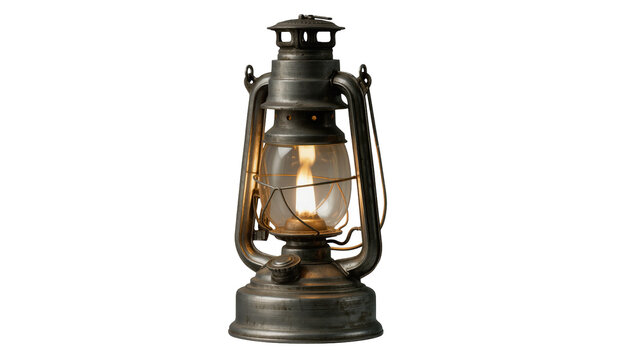 Antique kerosene lantern with glowing flame, isolated on transparent background