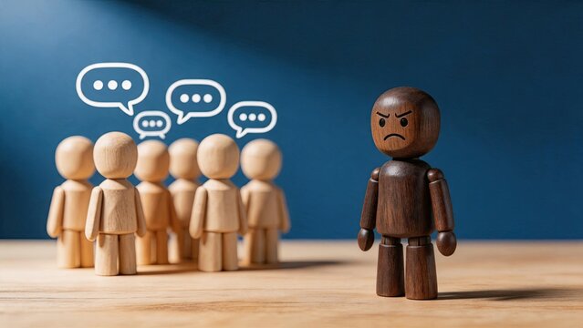 Angry dark wooden figure standing alone facing a group of light wooden figures with speech bubbles, representing social exclusion, bullying, isolation, discrimination, conflict,