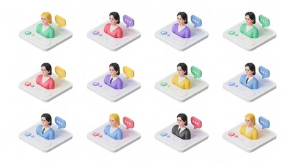 Fototapeta premium Isometric set of diverse business people avatars with colorful speech bubbles and profile cards on a clean white background design