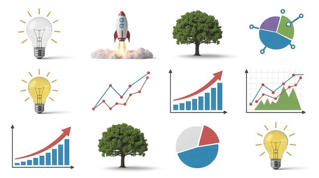 Collection of business icons featuring lightbulbs and startup rockets and growth charts and green trees on a clean white background