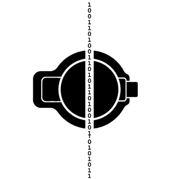 Black circular icon with a vertical column of binary code digits zero and one representing digital data processing and computer technology concepts