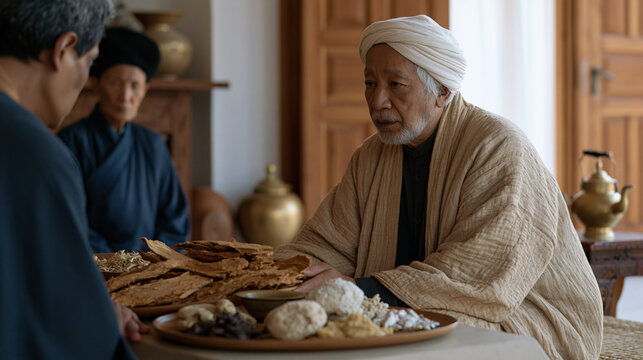 Traditional healer arranges dried bark, root segments, and mineral compounds in a private consultation room, patient seated across a low table, the practice operating within a