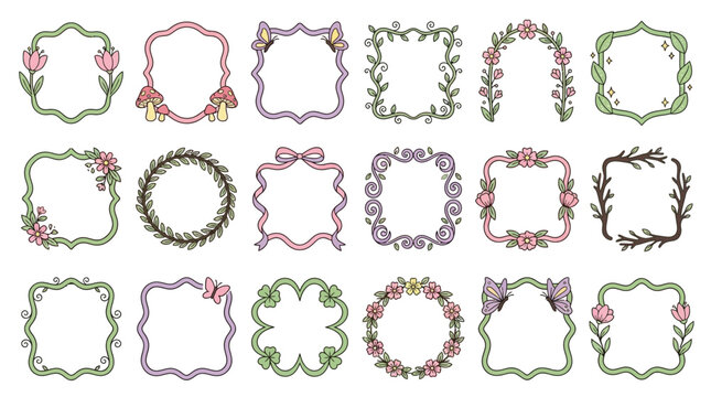 Collection of decorative floral and whimsical frames and borders with natural elements like flowers, leaves, and butterflies, perfect for invitations and design.