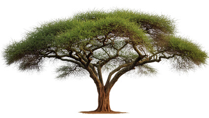 Sprawling acacia tree with dense green foliage and rough bark, isolated on transparent background © Aliona