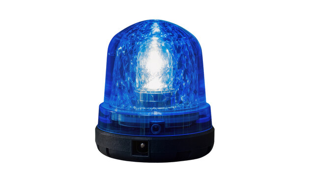 Blue rotating beacon light with textured dome, isolated on transparent background