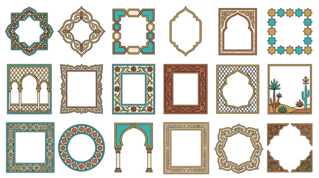Collection of Decorative Islamic Frames and Borders with Geometric Patterns and Arches.