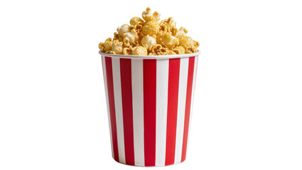 Red and white striped bucket overflowing with caramel popcorn, isolated on transparent background © Sorin
