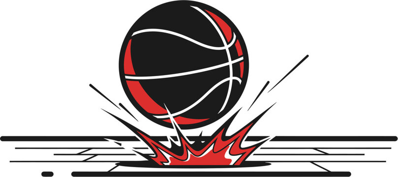 Vector illustration of a black and red basketball bouncing dynamically on a court floor