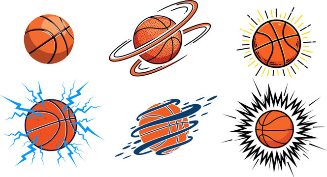 Set of basketball logo design elements featuring various dynamic effects like lightning orbit and speed trails