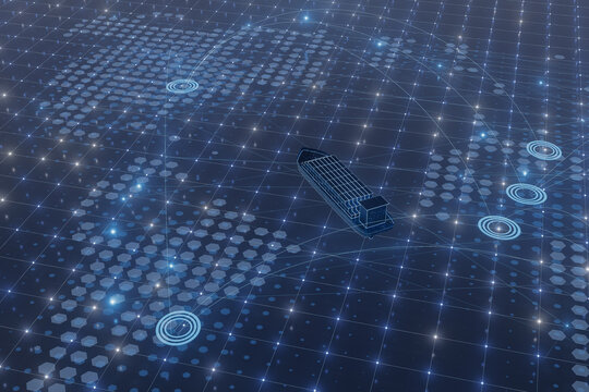 Global network visualization shows ship on digital map with connections to various locations and data points throughout the world