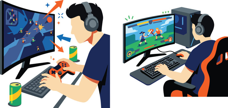 Computer Gaming Character Streaming on Monitors with Controllers and Headset in Minimalist Flat Vector Style