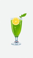 Fototapeta premium A simplified illustration of a glass filled with green juice and garnished with a lemon slice, plant based, fitness