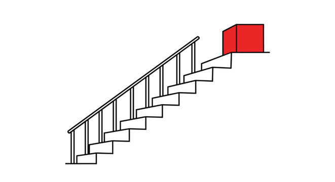 Simple vector illustration of a red gift box sitting at the very top of a flight of stairs with a black handrail.