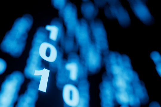 Digital code appears in blue light on a dark background with numbers flowing in a binary sequence during a night setting