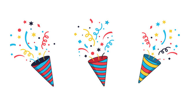 Set of three colorful party poppers with exploding confetti and streamers isolated on a clear white background.