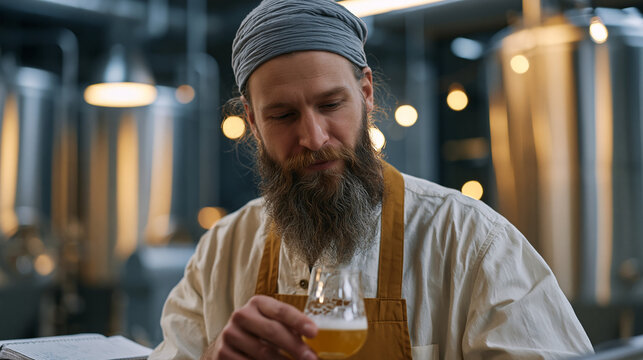 Craft brewery artisan in an industrial facility pours a sample of fermented beverage brewed using pre-colonial grain varieties, lab notebook open beside stainless tanks, the