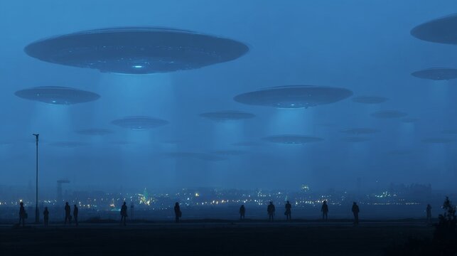 Alien invasion concept with extraterrestrial spacecraft near Earth, mysterious attack threat, uncertain planetary defense, science fiction scenario and global preparedness theme