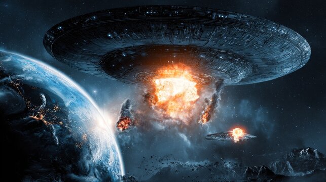 Alien invasion concept with extraterrestrial spacecraft near Earth, mysterious attack threat, uncertain planetary defense, science fiction scenario and global preparedness theme