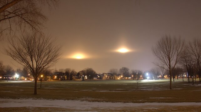 Glowing unidentified objects in the night sky, mysterious aerial lights, extraterrestrial phenomenon, luminous orbs, cosmic unknown presence, sci-fi atmosphere and unexplained space event