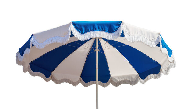 Blue and white striped beach umbrella with fringe, isolated on transparent background