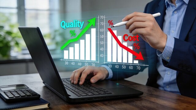 Business analyst pointing at quality and cost efficiency chart on laptop screen, balancing budget reduction and product improvement strategy for corporate management and financial