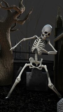 Seamless vertical video of skeleton dancing salsa in a cemetery at night. Funny halloween background.