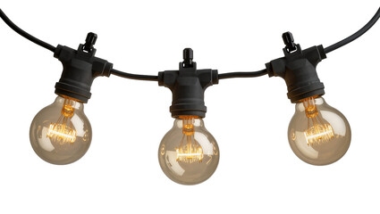 Three glowing Edison bulbs on a black cord, isolated on transparent background