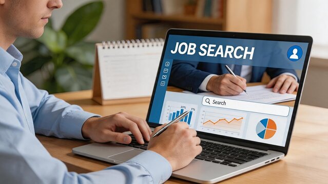 Man searching for job opportunities on laptop computer, career development, recruitment, employment and human resources concept, professional looking for work or hiring new staff