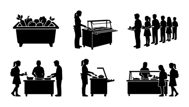 Cafeteria Food Service Icons, Buffet Line Silhouettes, School Lunch Serving Vector Set