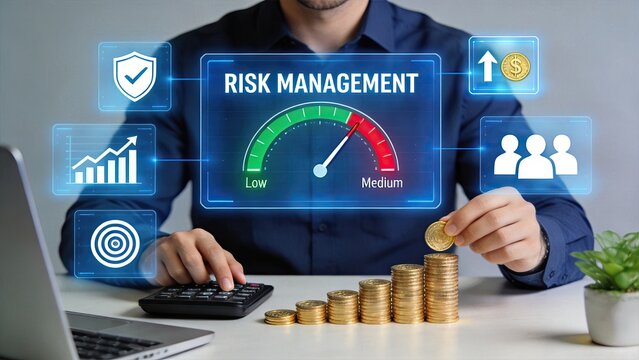 Businessman analyzing risk management dashboard with financial growth charts, coins stack and profit indicators on modern office desk for investment strategy planning
