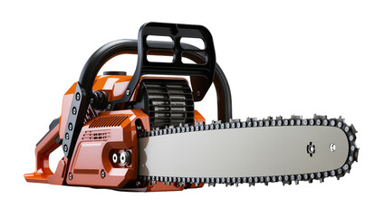 Fototapeta premium Orange and black chainsaw with metal chain, isolated on transparent background