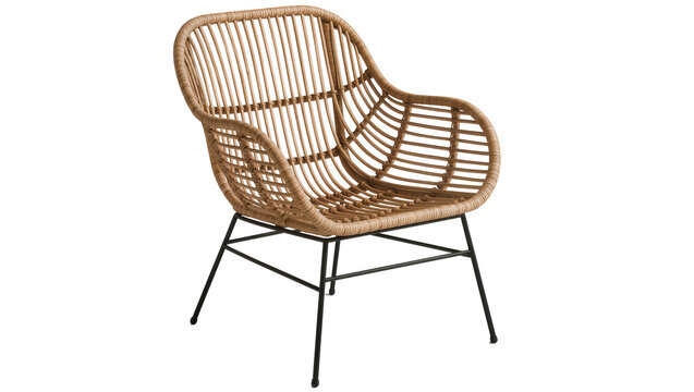 Woven rattan armchair with black metal legs, isolated on transparent background