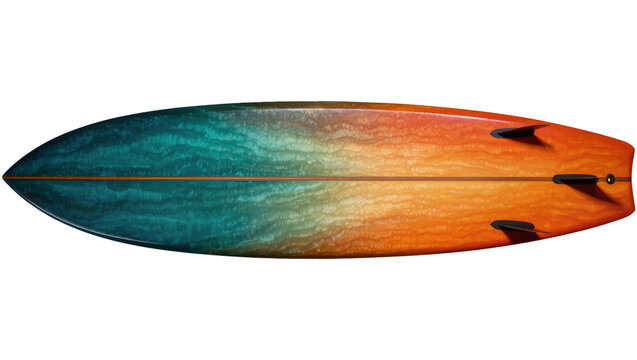 Gradient teal to orange surfboard with wooden stringer, isolated on transparent background